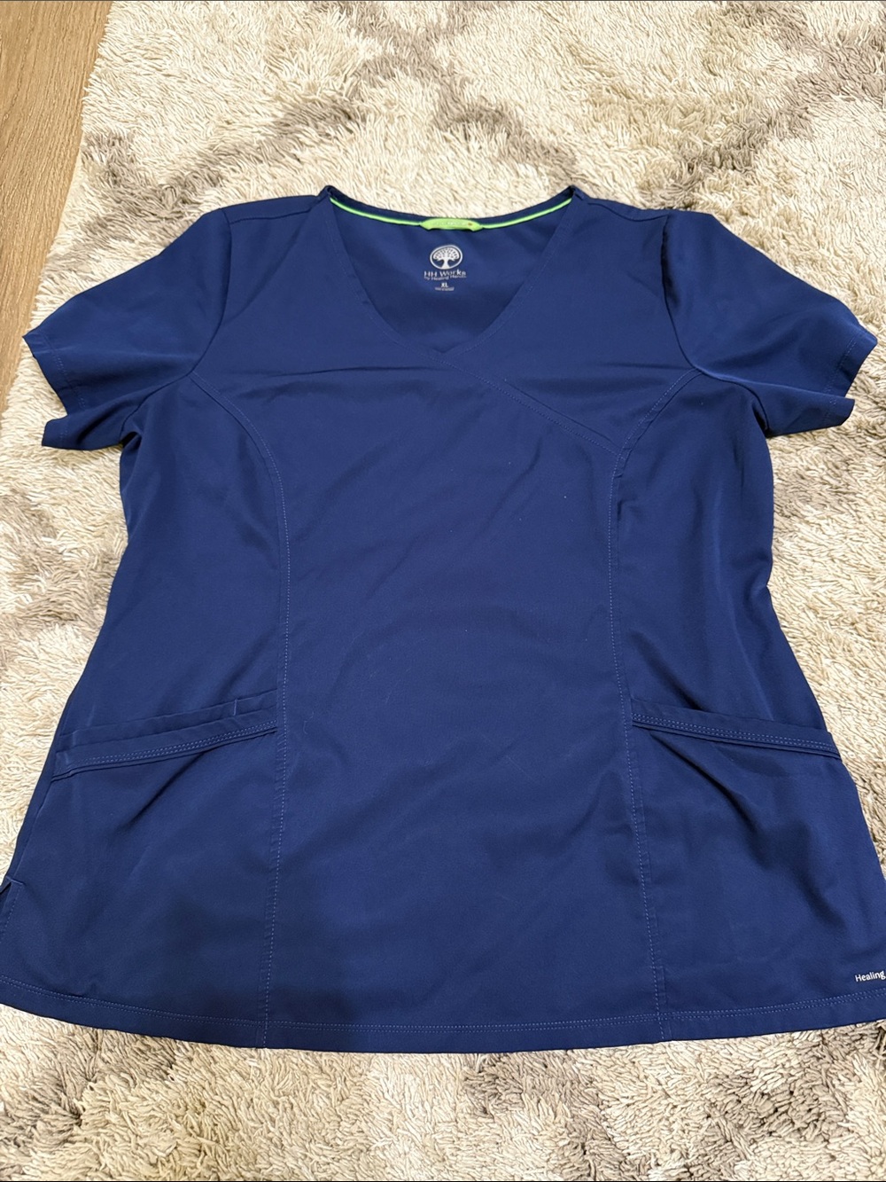 healing hands Navy V-Neck Scrub Top with Lime Accent